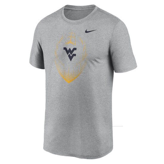 Front view of dark heather grey Nike WVU short sleeve shirt with gold football icon and navy Flying WV as chest graphic